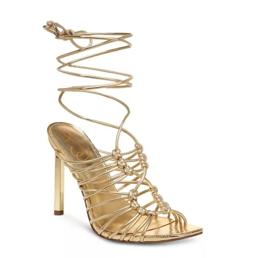 Sam Edelman Lylah Gold Metallic Strappy Lace‎ Up Stiletto Heels Sandals 10.5 NEW
